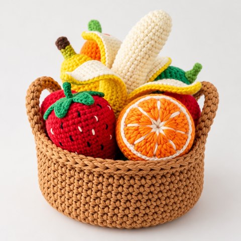 A tall crochet basket packed with bananas, orange slices and a strawberry