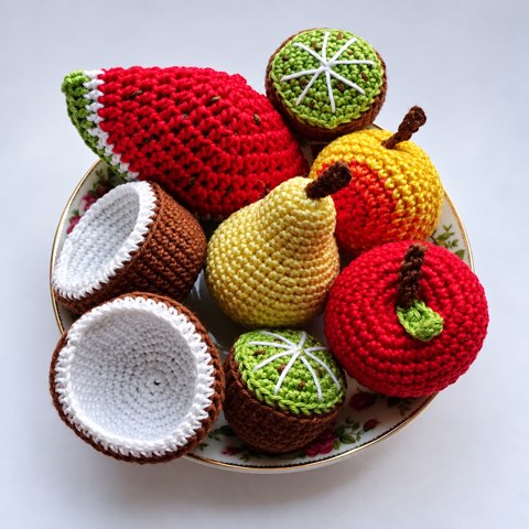 A pile of crochet fruit: strawberries, a pear, kiwi halves, coconut and lime