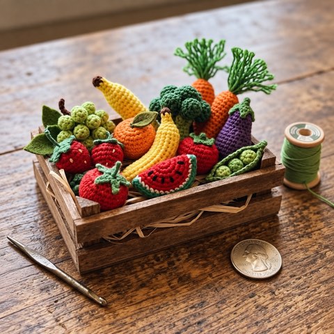 A small wooden crate of crochet produce on a table
