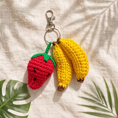 A crochet strawberry and banana keyring resting on linen
