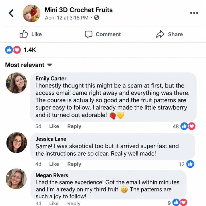 Facebook comments from students saying the course arrived right away and the patterns are easy to follow