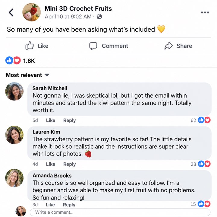 Facebook thread answering what is included in the course, with students praising the instructions