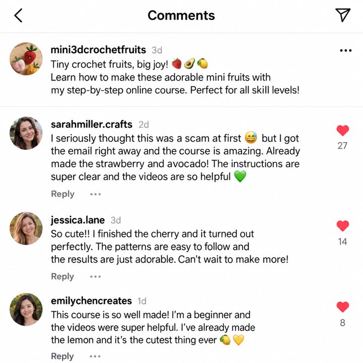 Instagram comments from students showing the pieces they finished