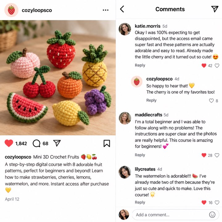 Instagram post of crochet fruit with students commenting on the course