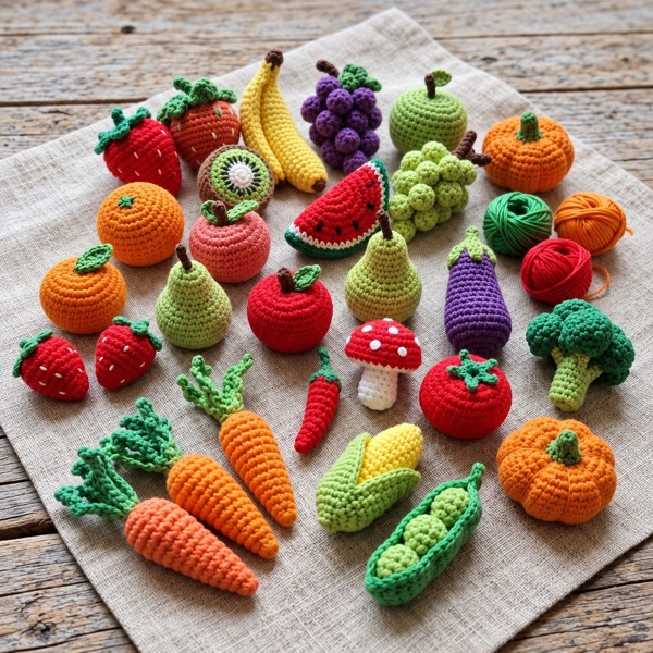 Assorted crochet fruit and vegetables laid out on linen