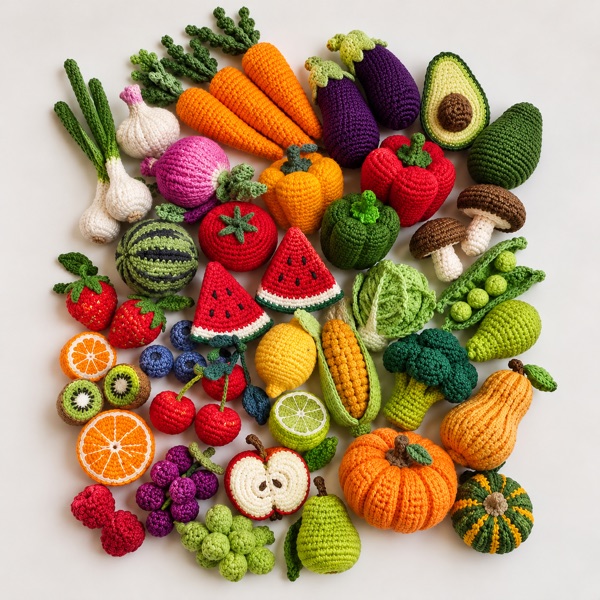 A full spread of crochet produce: carrots, watermelon slices, avocado, pumpkin and apple