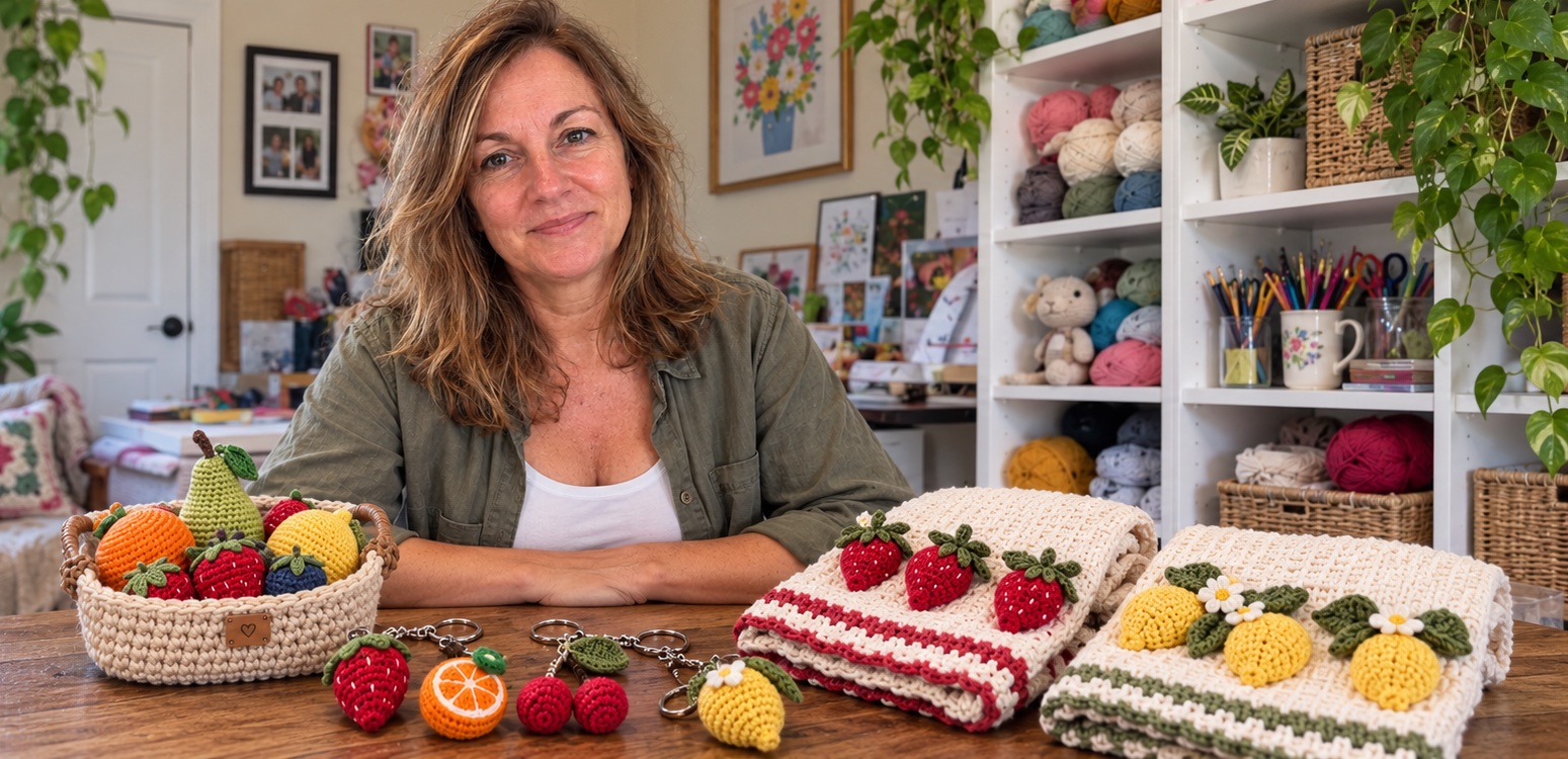 Laura at her table with a basket of crochet fruit, fruit keyrings, and two blankets edged with strawberry and lemon appliqués