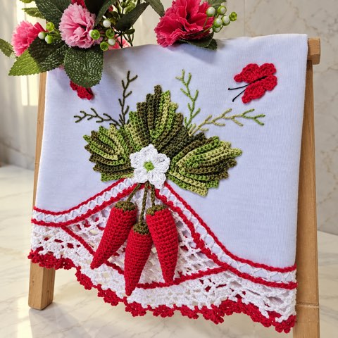 A towel with a crochet strawberry border hanging on a rack