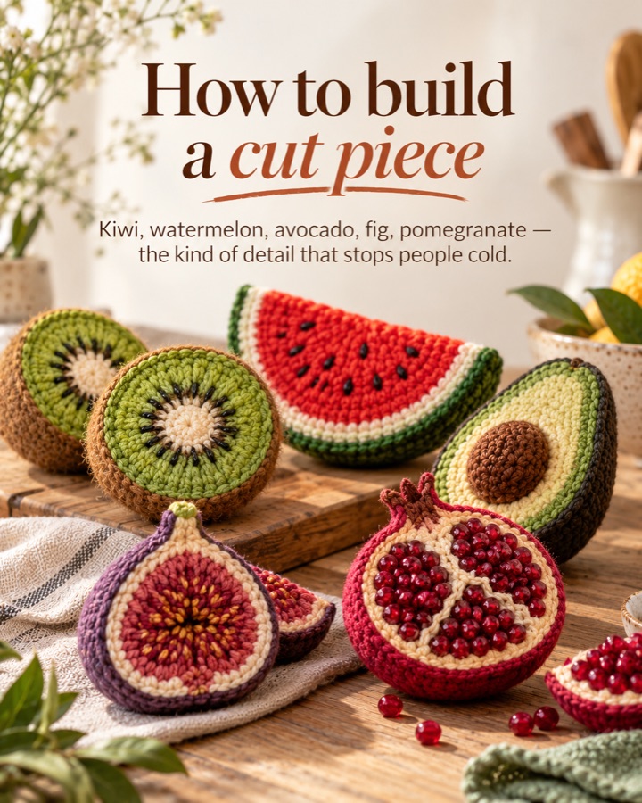 How to build a cut piece: kiwi, watermelon, avocado, fig, pomegranate. The kind that stops people cold because they have never seen anything like it.