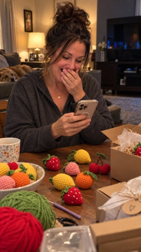 Laura laughing at her phone beside a bowl of finished fruit and packed orders