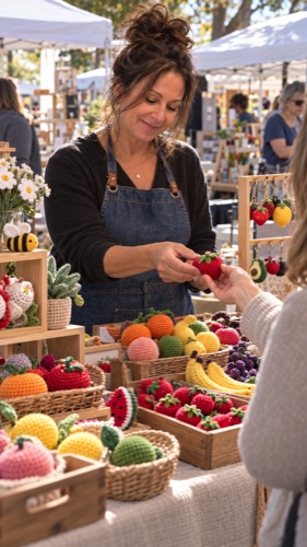 Laura at her craft fair booth, handing a crochet strawberry to a customer